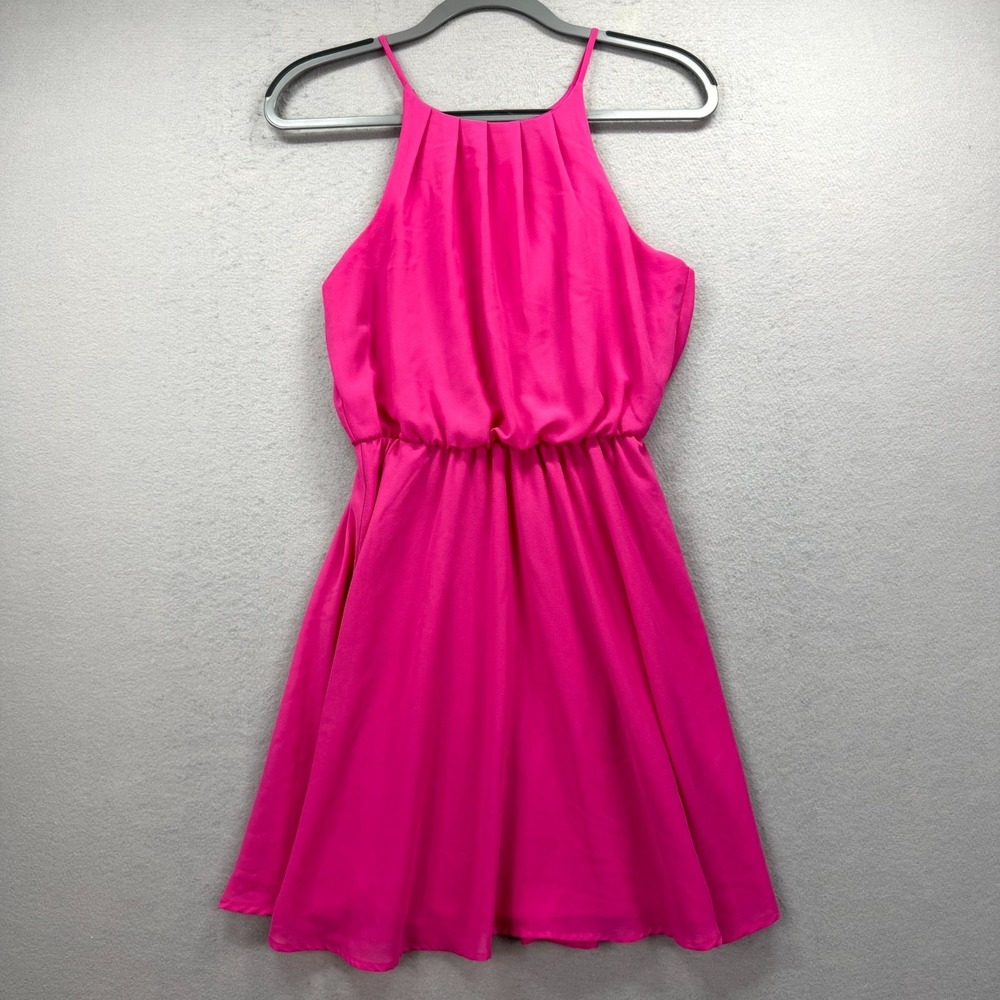 Blue Rain Mini Dress Women's Small Hot Pink Ruched Waist Pleated Halter Neck
